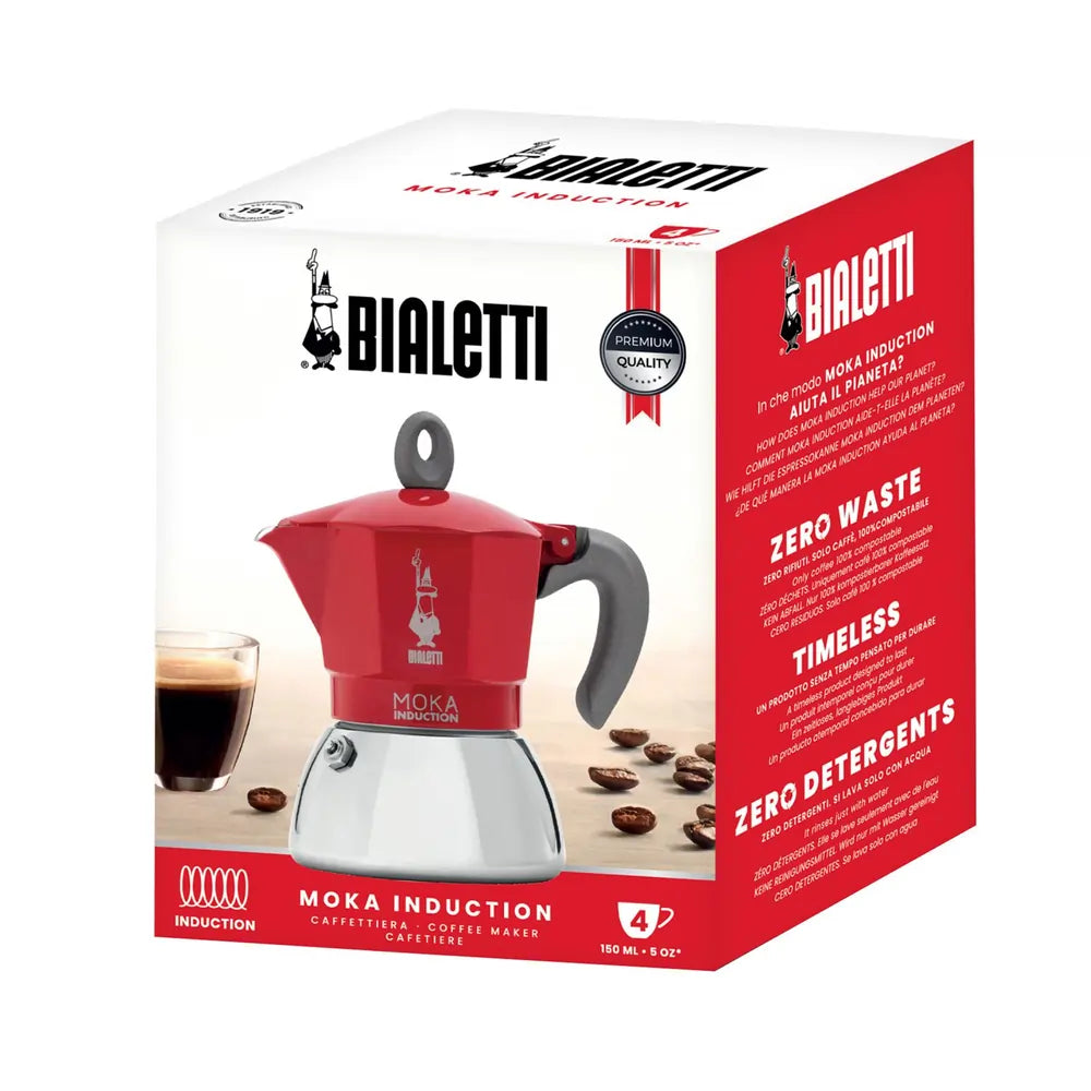 Opakowanie kawiarki Bialetti Moka Induction 4TZ w kolorze czerwonym, do kuchenek indukcyjnych