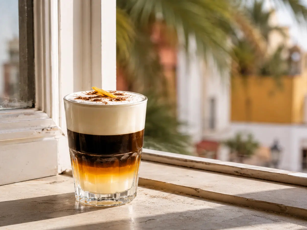 Warstwowe barraquito w szklance z białą pianką na wierzchu, ustawione na parapecie z widokiem na palmy w tle