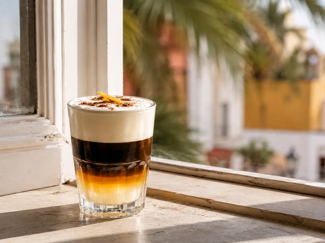 Warstwowe barraquito w szklance z białą pianką na wierzchu, ustawione na parapecie z widokiem na palmy w tle