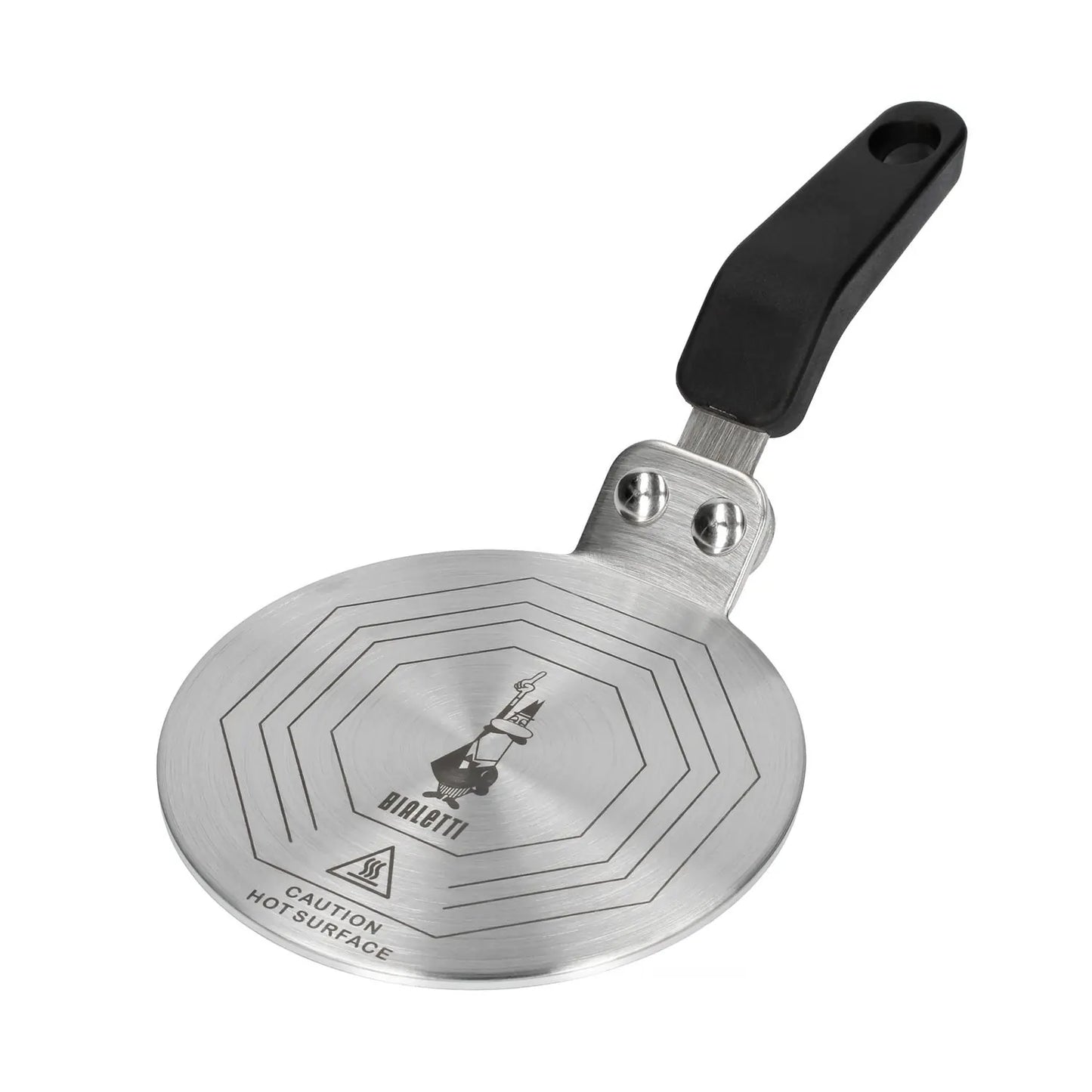 Adapter indukcyjny Bialetti 13 cm do kawiarek i garnków, stalowa płyta grzewcza z uchwytem, packshot na białym tle