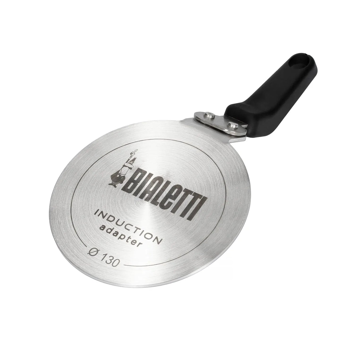 Adapter indukcyjny Bialetti 13 cm do kawiarek i garnków, stalowa płyta grzewcza z uchwytem, widok z góry, packshot