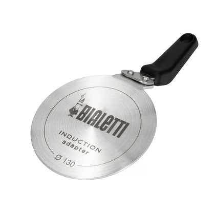 Adapter indukcyjny Bialetti 13 cm do kawiarek i garnków, stalowa płyta grzewcza z uchwytem, widok z góry, packshot