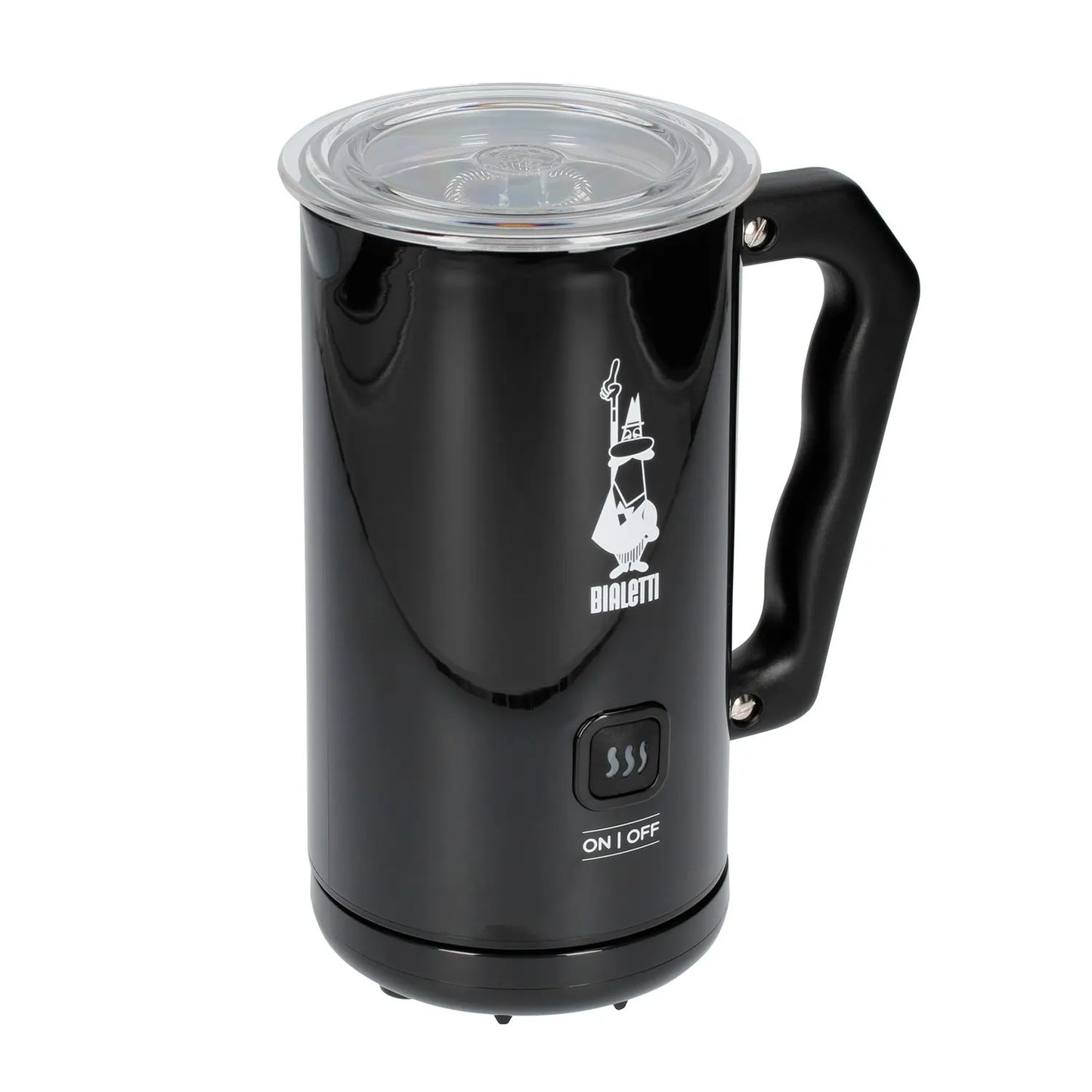 Bialetti MKF02 – czarny elektryczny spieniacz do mleka z przezroczystą pokrywką i przyciskiem ON/OFF