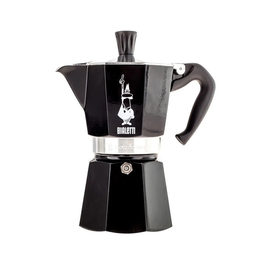  Czarna kawiarka Bialetti Moka Express 6 tz – klasyczny model z aluminiowym korpusem i czarnym, błyszczącym wykończeniem, widoczny na białym tle.