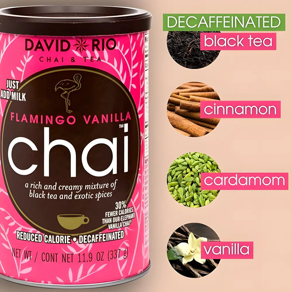 David Rio Flamingo Vanilla Chai 337 g – bezkofeinowa czarna herbata instant z wanilią, kardamonem i cynamonem
