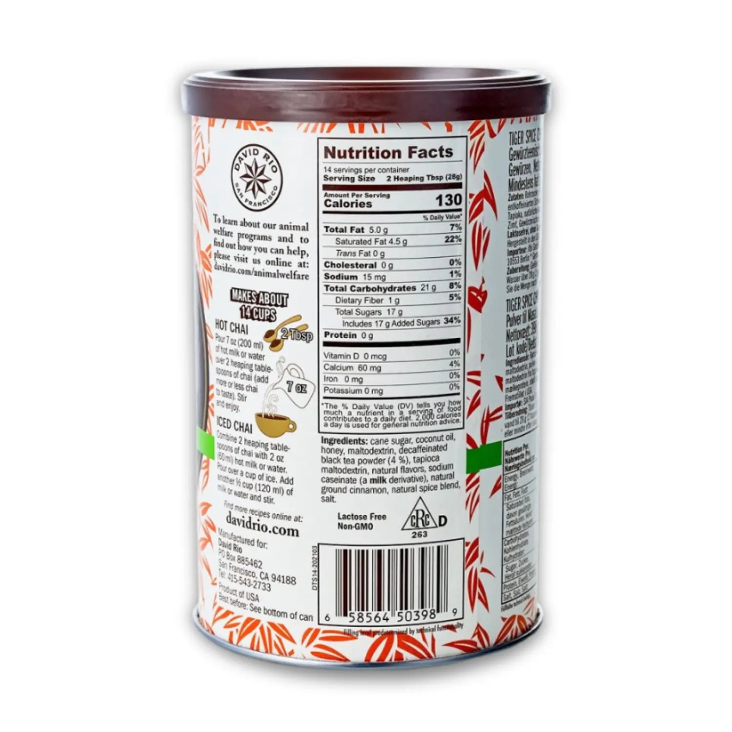 David Rio Tiger Spice Chai Decaffeinated 398 g – tył opakowania z tabelą wartości odżywczych, składem i instrukcją przygotowania