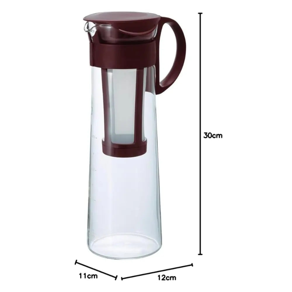 Dzbanek Hario do cold brew o pojemności 1 litra, z filtrem i pokrywką w kolorze bordowym – widok z wymiarami: 30 cm wysokości, 11–12 cm średnicy.