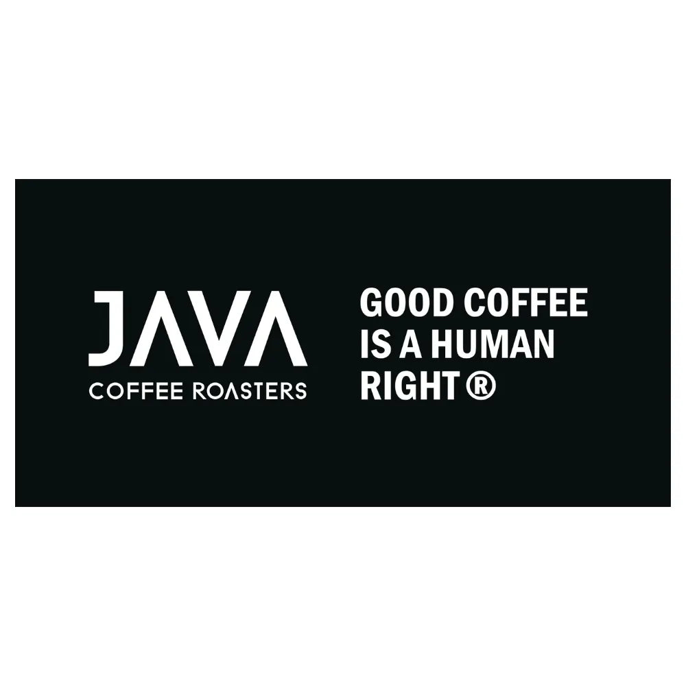 Karta podarunkowa JAVA Coffee Roasters z hasłem „Good coffee is a human right®” na czarnym tle.