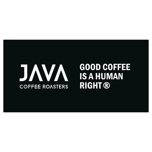 Karta podarunkowa JAVA Coffee Roasters z hasłem „Good coffee is a human right®” na czarnym tle.