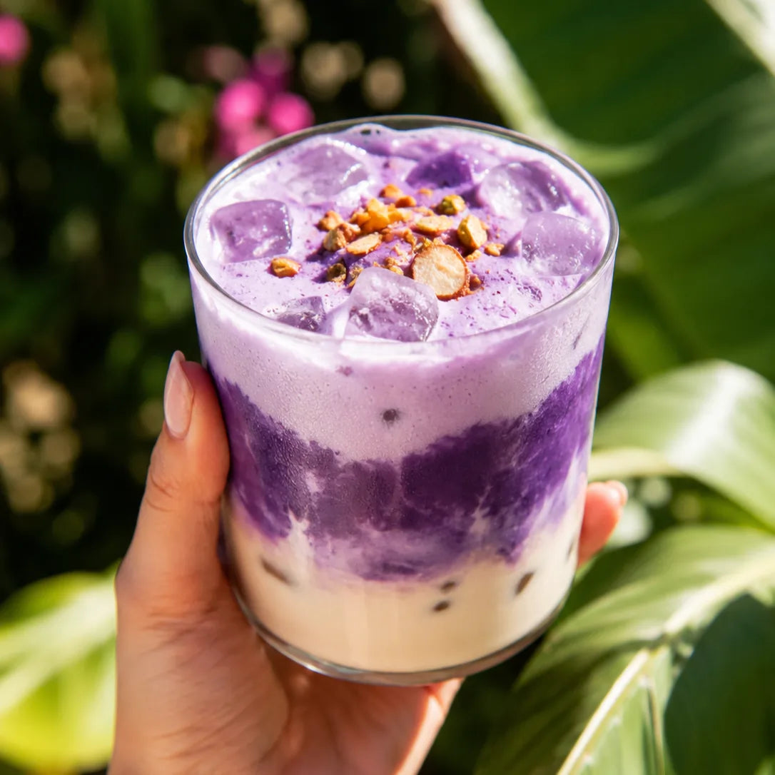Mrożone ube latte z pistacjami przygotowane z proszku Yōkiro Ube Powder