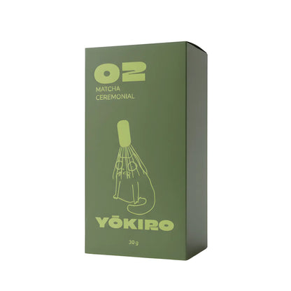 Matcha ceremonialna Yōkiro 30 g – zielona herbata matcha klasy ceremonialnej w minimalistycznym, zielonym opakowaniu z ilustracją chasenu