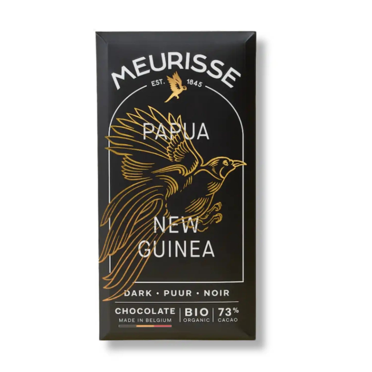 tabliczka czekolady Meurisse Papua New Guinea 73% kakao w czarnym opakowaniu z motywem złotego ptaka
