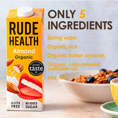 Napój roślinny Rude Health Almond Organic 1L – ekologiczny napój migdałowy z 5 składników: woda źródlana, ryż, włoskie migdały, olej słonecznikowy tłoczony na zimno i sól morska.