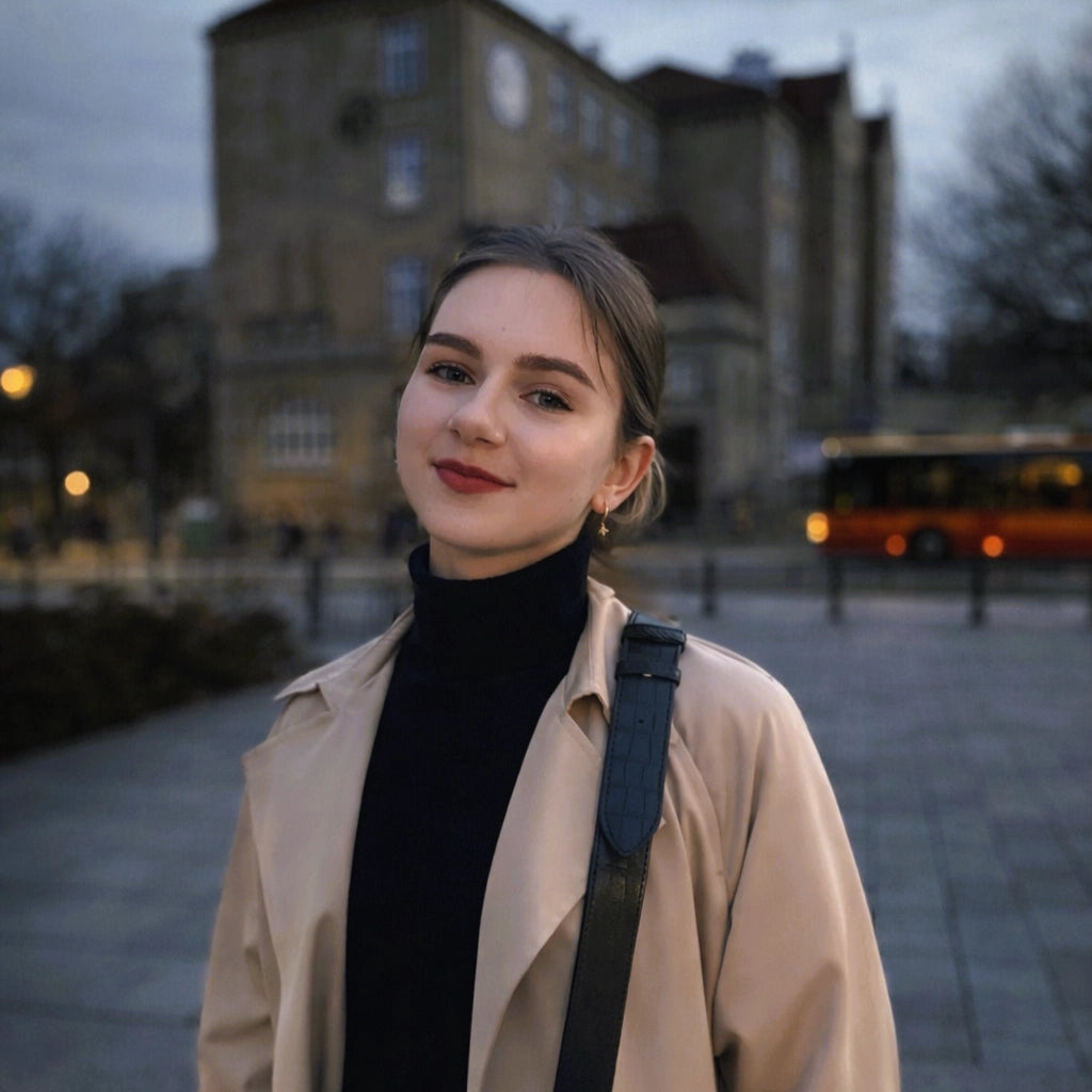 Portret kobiety w jasnym płaszczu na tle miejskiej architektury, zdjęcie zespołu firmy