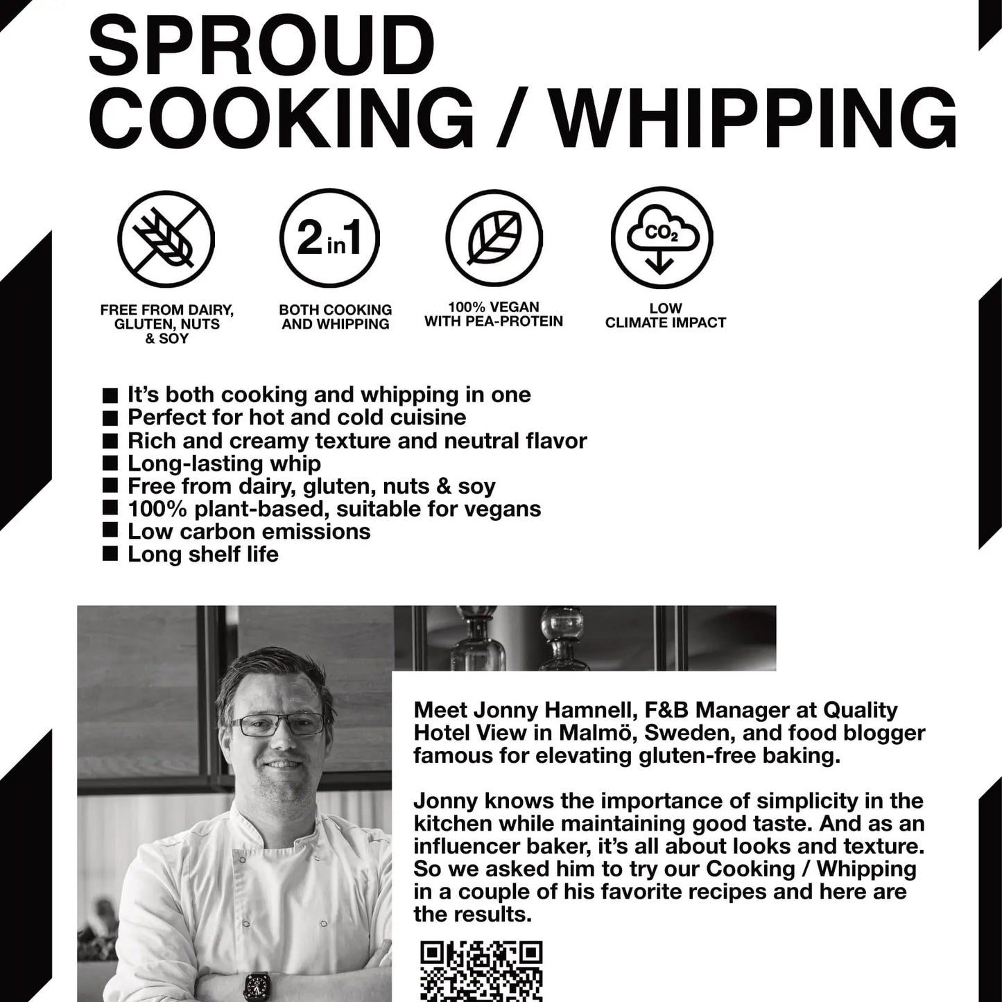Infografika produktu Sproud Cooking / Whipping – napój 2w1 do gotowania i ubijania, 100% wegański, bez alergenów, długi termin ważności, niska emisja CO₂, rekomendowany przez szefa kuchni z Malmö