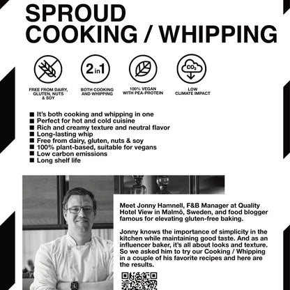 Infografika produktu Sproud Cooking / Whipping – napój 2w1 do gotowania i ubijania, 100% wegański, bez alergenów, długi termin ważności, niska emisja CO₂, rekomendowany przez szefa kuchni z Malmö