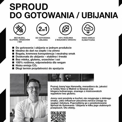 Infografika przedstawiająca zalety Sproud Cooking & Whipping – roślinnej śmietanki 2w1 do gotowania i ubijania na bazie białka grochu, dostępnej w Java Coffee Roasters Polska.