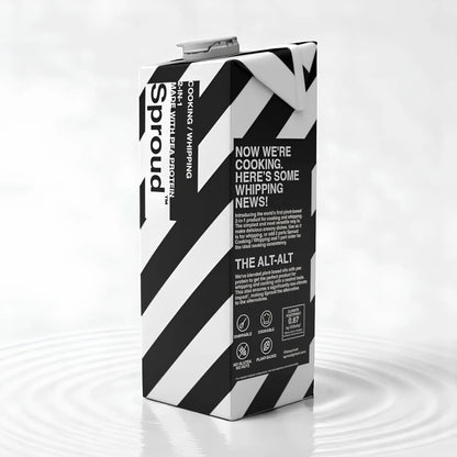 Opakowanie roślinnej śmietanki Sproud Cream 1L – wersja do gotowania i ubijania na bazie białka grochu, w nowym czarno-białym designie.