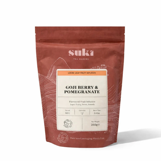 Herbata owocowa Suki Tea Goji Berry & Pomegranate 250 g – opakowanie herbaty liściastej na białym tle