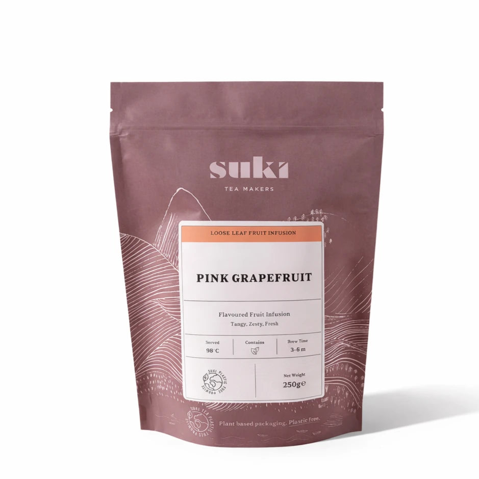 Herbata owocowa Suki Tea Pink Grapefruit 250 g – opakowanie herbaty liściastej na białym tle