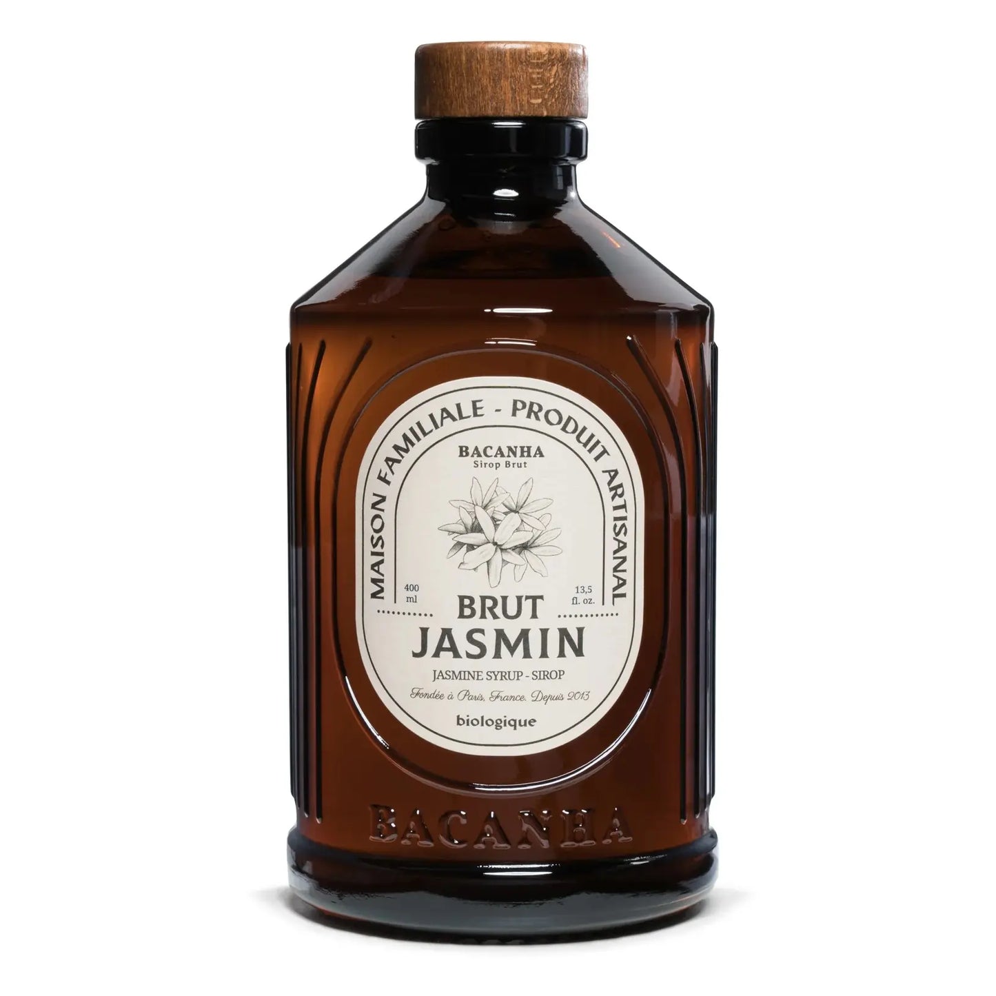 Butelka syropu Bacanha Brut Jasmin – organiczny syrop jaśminowy w brązowym szkle z drewnianym korkiem, widok z przodu.