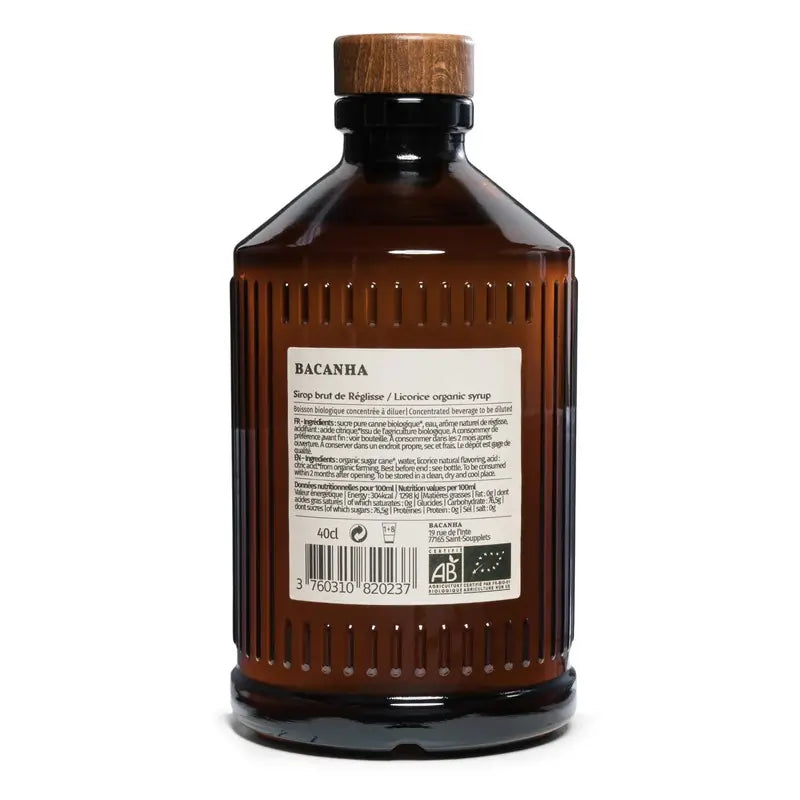Tył butelki syropu Bacanha Réglisse 400 ml – etykieta z informacjami i składem