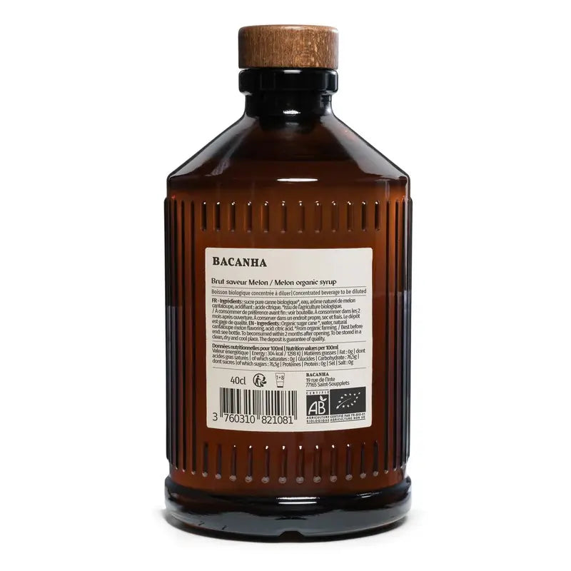 Tył butelki syropu miętowego Bacanha Brut melon BIO 400 ml – skład i informacje produktowe