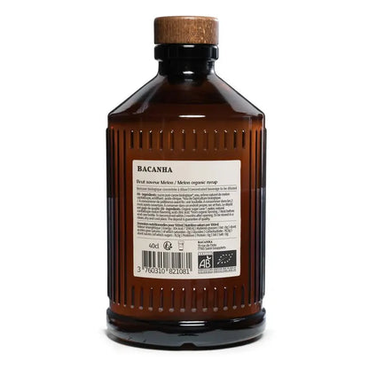 Tył butelki syropu miętowego Bacanha Brut melon BIO 400 ml – skład i informacje produktowe