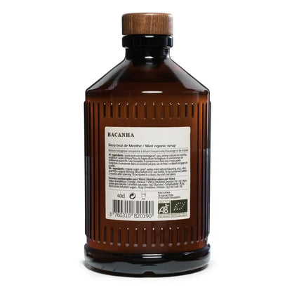 Tył butelki syropu miętowego Bacanha Brut Menthe BIO 400 ml – skład, wartości odżywcze i informacje producenta