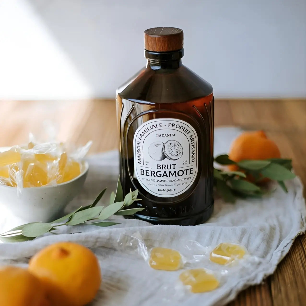 Butelka syropu Bacanha o smaku bergamotki na lnianej ściereczce, w otoczeniu cytrusów i cukierków – naturalny, organiczny syrop 400 ml