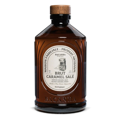 Syrop Bacanha Brut Caramel Salé BIO 400 ml – francuski syrop ze słonego karmelu w szklanej butelce, idealny do kawy, deserów i napojów
