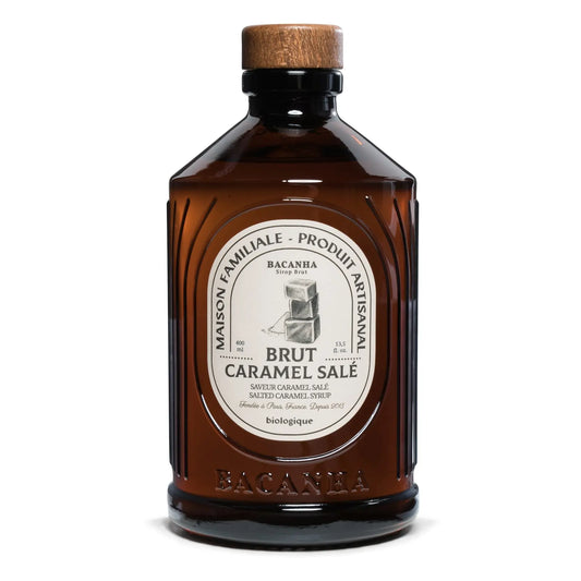 Syrop Bacanha Brut Caramel Salé BIO 400 ml – francuski syrop ze słonego karmelu w szklanej butelce, idealny do kawy, deserów i napojów