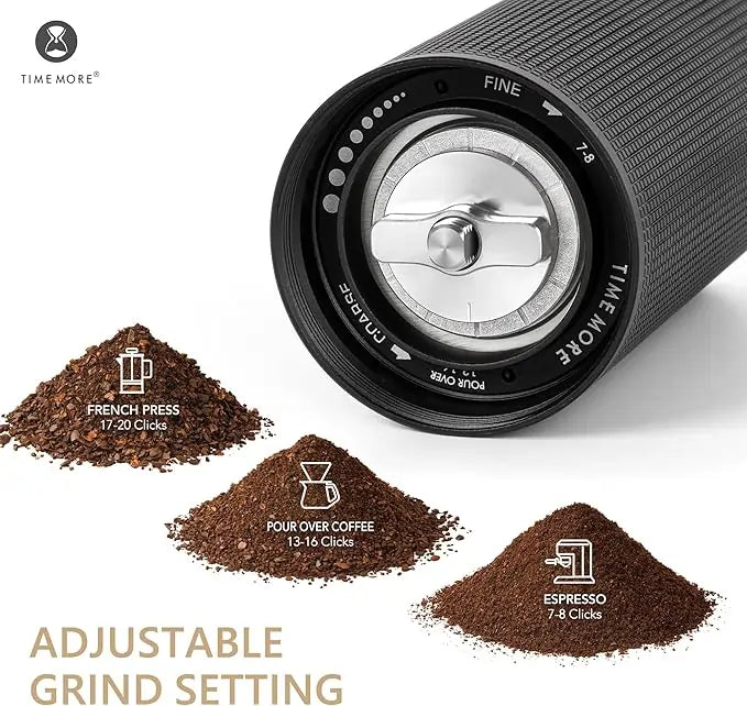 Pokrętło regulacji stopnia mielenia w młynku Timemore C3S Pro z oznaczeniami do espresso, pour-over i French Press – pokazane wraz z wizualizacją trzech stopni zmielenia kawy.