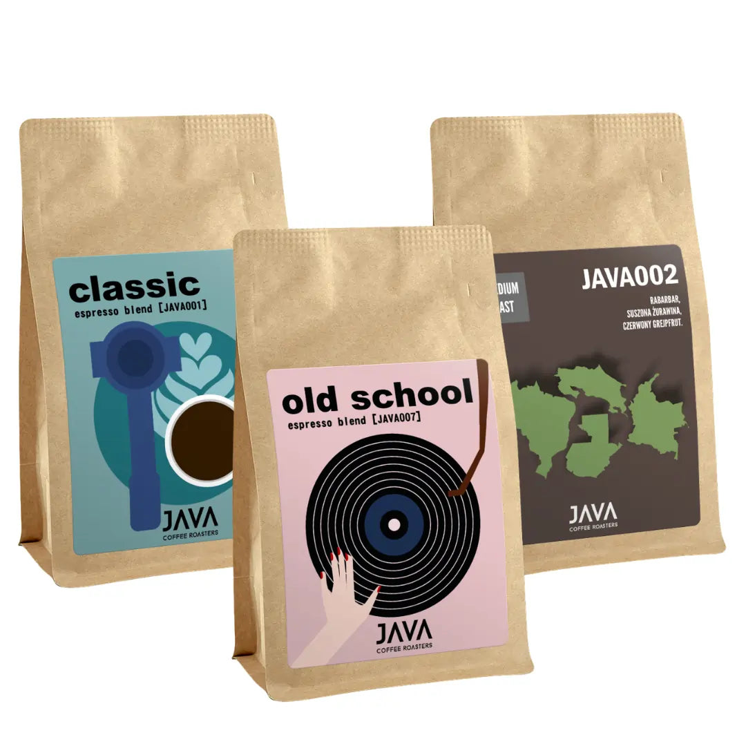 Zestaw kaw espresso JAVA Coffee Roasters – Classic Espresso Blend, Old School Espresso Blend i JAVA002 w formie packshotu na białym tle, wypalane w Warszawie.