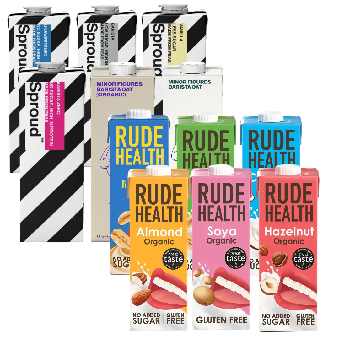Zestaw najlepszych napojów roślinnych Sproud , Rude Health , Minore Figures bez gmo