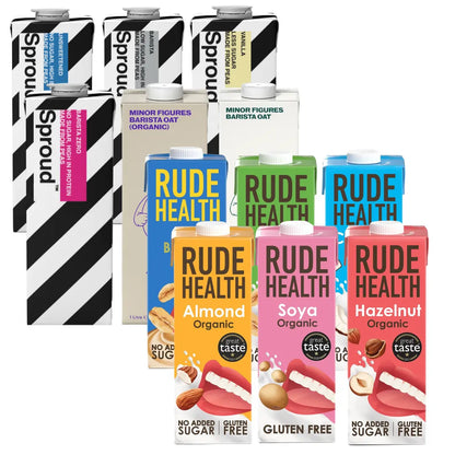 Zestaw najlepszych napojów roślinnych Sproud , Rude Health , Minore Figures bez gmo